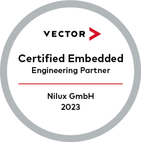 Vector Certified Embedded Engineering partner Certificated presented to Nilux GmbH in the year 2023